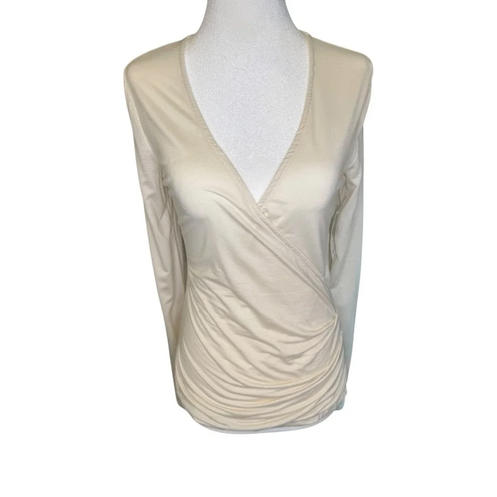 AG Adriano Goldschmied Womens Cream Ruched Faux Wrap Long Sleeve Top Size Small